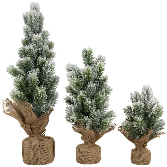 8.5", 12.5", & 17.5" Unlit Flocked Pine Artificial Christmas Trees with Burlap Base Set By Northlight in Green | Michaels®